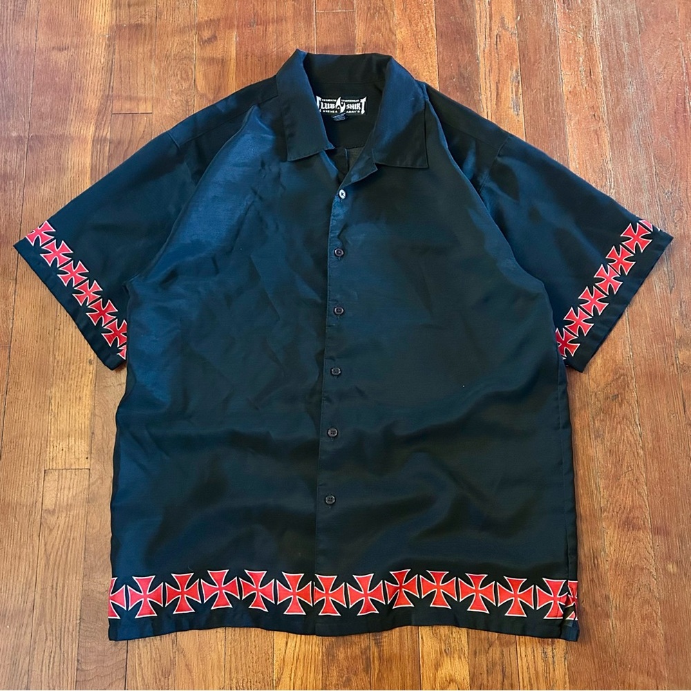Vintage Y2K West Coast Choppers Style Crosses Black Button Down Bowling Shirt M